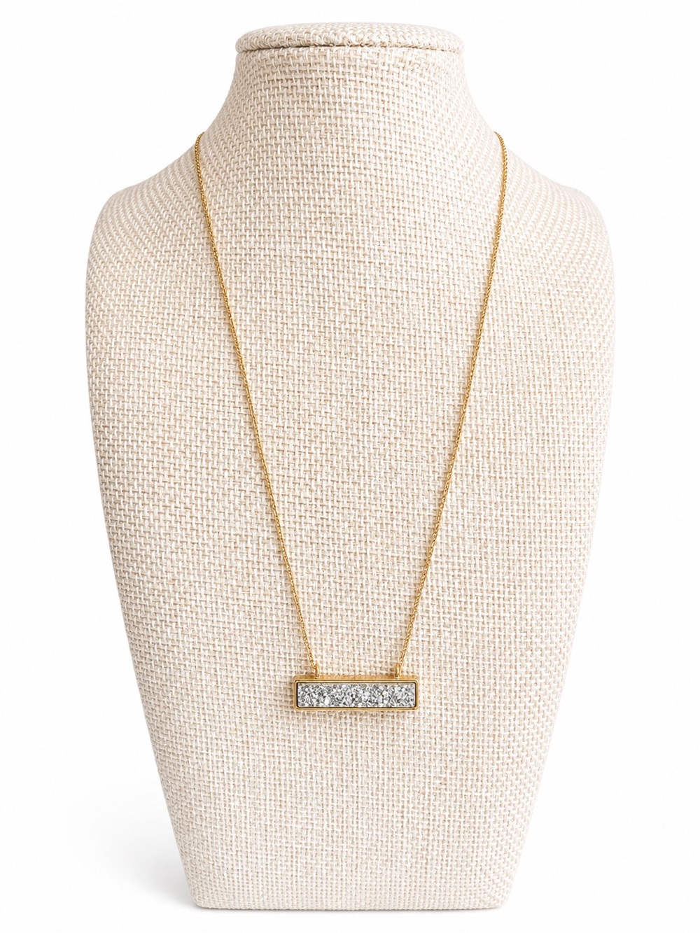 CLOVER Gold Tone Silver Druzy Bar Necklace Minimalist Boho Sparkle Pendant
